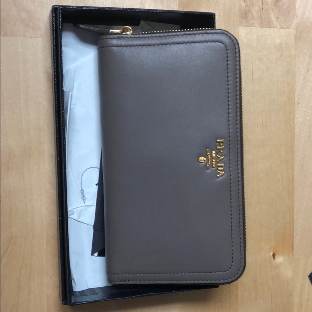Prada Taupe Zip-Around Leather Wallet